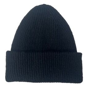 Monoprix Black Ribbed Knit Beanie Hat Cuffed Plush Thick France French Classic